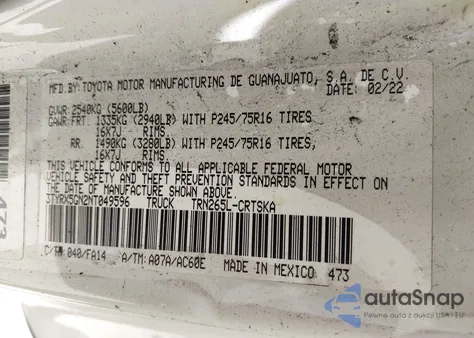 2022 Toyota Tacoma Sr from USA, damaged, VIN 3TYRX5GN2NT049596
